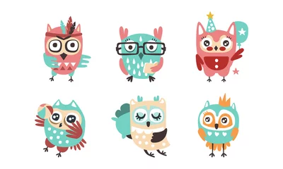 Fotobehang Cute Owls Collection, Adorable Funny Colorful Owlets Cartoon Vector Illustration © topvectors