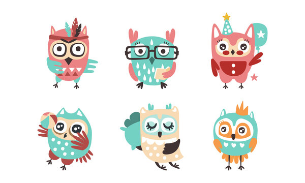 Cute Owls Collection, Adorable Funny Colorful Owlets Cartoon Vector Illustration
