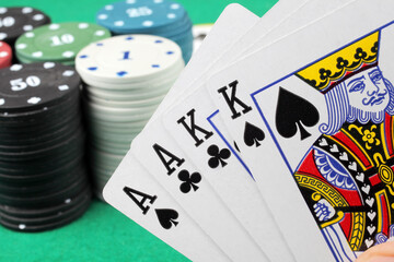 poker chips and cards on the table, winning combination of cards