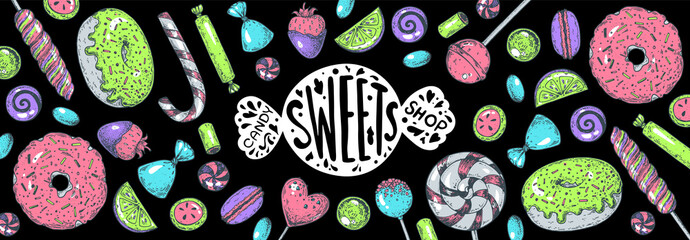 Set of sweets. Isolated on white background. Hand drawn vector illustration. Colorful candies set. Yummy colorful sweet