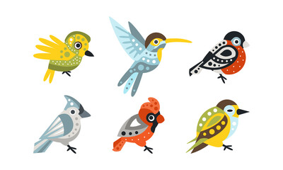 Fototapeta premium Collection of Colorful Birds, Hummingbird, Bullfinch, Northern Cardinal Cartoon Vector Illustration