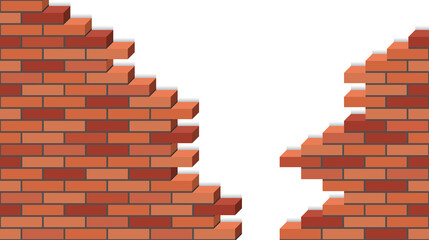 Broken Brick wakk, 3D isometric view. Destroyed red brick stone wall of building, isolated on white background. Flat design style. Vector illustration