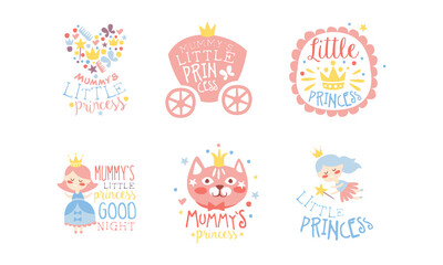 Obraz premium Moms Little Princess Labels Set, Cute Emblems in Pink Colors, Baby Shower, Birthday Party Design Element Hand Drawn Vector Illustration