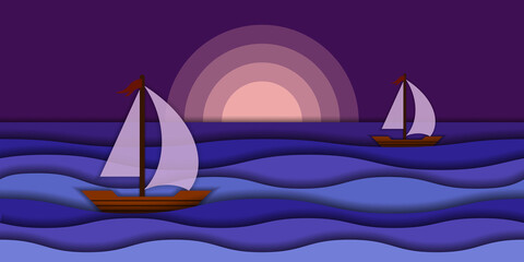 Naklejka premium Sea night landscape with waves, sunset and sail boats. 3D Papercut style. Nautical background in modern paper art design. Vector illustration