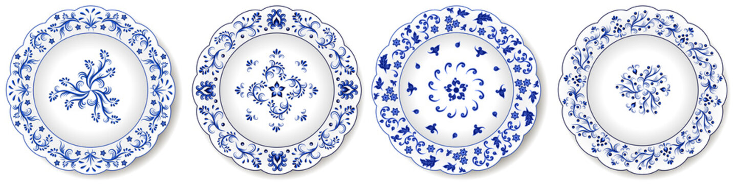 Decorative porcelain plates with blue on white pattern. Chinese style design, abstract floral ornament. Set of isolated objects. Vector illustration