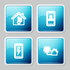 Set line House temperature, Mobile and password protection, charging battery and with solar panel icon. Vector