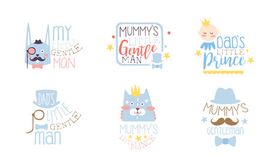 Obraz premium Dads Little Prince Labels Set, Cute Emblems in Light Blue Colors, Baby Shower, Birthday Party Design Element Hand Drawn Vector Illustration