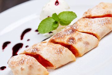 strudel with ice cream and mint