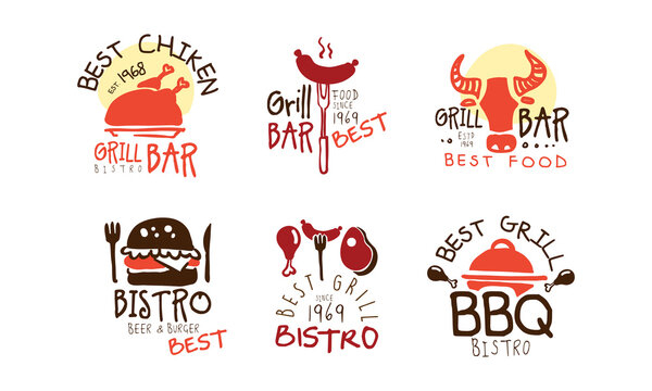 Best Chicken Grill Bar Logo Design Set, Best Beer and Burger Bistro Emblems Hand Drawn Vector Illustration