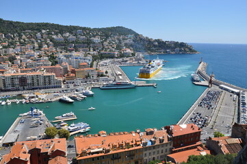 Panoramic view of Nice harbour with blue sky, France. 2013