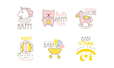 Baby Store Logo Design Collection, Kids Toys Cute Hand Drawn Emblems Vector Illustration