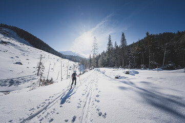 Mountaineer backcountry ski walking ski alpinist in the mountains. Ski touring in alpine landscape...