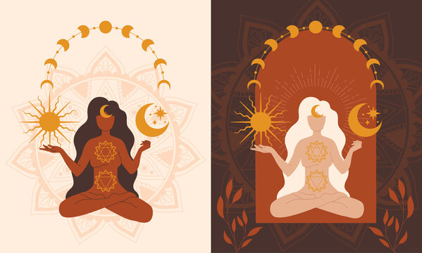 Two color variants of a spiritual woman with mystical icons