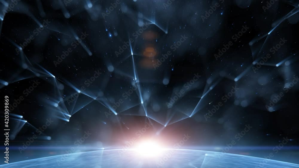Poster cyberspace network sphere with sunlight and flying shining lines and dots.