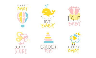 Happy Baby Logo Design Collection, Baby Store, Children Toys Cute Hand Drawn Emblems Vector Illustration