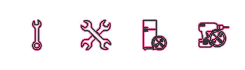 Set line Wrench, Refrigerator service, Crossed wrenchs and Drill machine icon. Vector