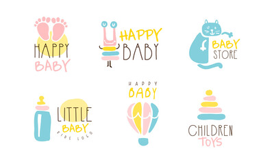 Happy Baby Store Logo Design Collection, Children Toys Cute Hand Drawn Emblems Vector Illustration