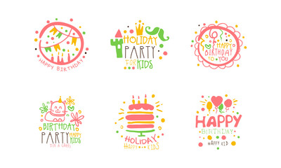 Fototapeta na wymiar Holiday Party for Kids Logo Templates Design Set, Happy Birthday Colorful Hand Drawn Emblems Vector Illustration