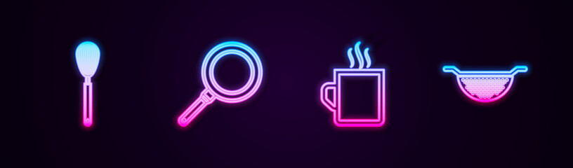 Set line Kitchen whisk, Frying pan, Coffee cup and colander. Glowing neon icon. Vector