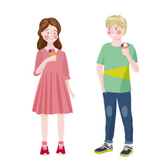 Boy and girl standing and eating ice cream. Children communicate. Teen relationship. 