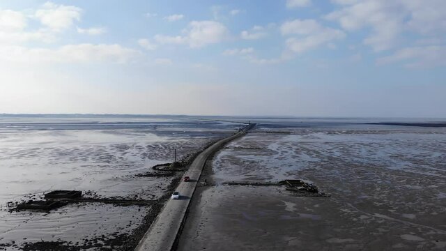 Aerial view of Noirmoutier submergible road (Gois). The passage du Gois at low tide (Vendee, France) The road called the Passage Du Gois to go to the island of Noirmoutier, France.