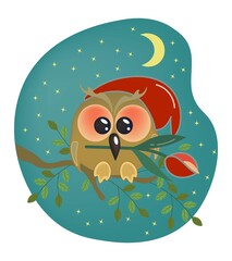 Cartoon owl sits on a branch. Postcard with a cute bird in a red cap with a tulip in its beak. Against the background of the night, starry sky and the moon. Funny vector illustration.