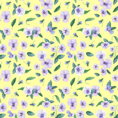 Spring flower seamless pattern Watercolor purple viola