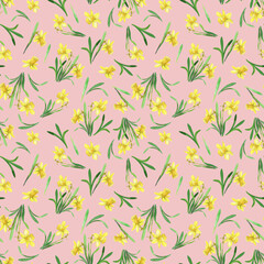 Spring flower seamless pattern Watercolor yellow narcissus