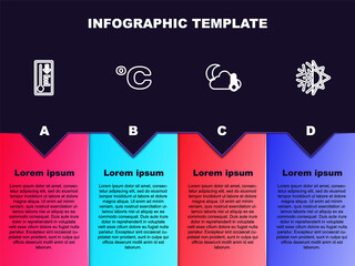 Set line Meteorology thermometer, Celsius, Thermometer and cloud, moon and Sun snowflake. Business infographic template. Vector