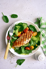 Fresh vegetable salad with grilled chicken fillet. Top view with copy space.