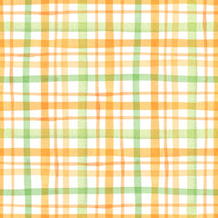 Green orange tartan seamless pattern. Watercolor plaid background