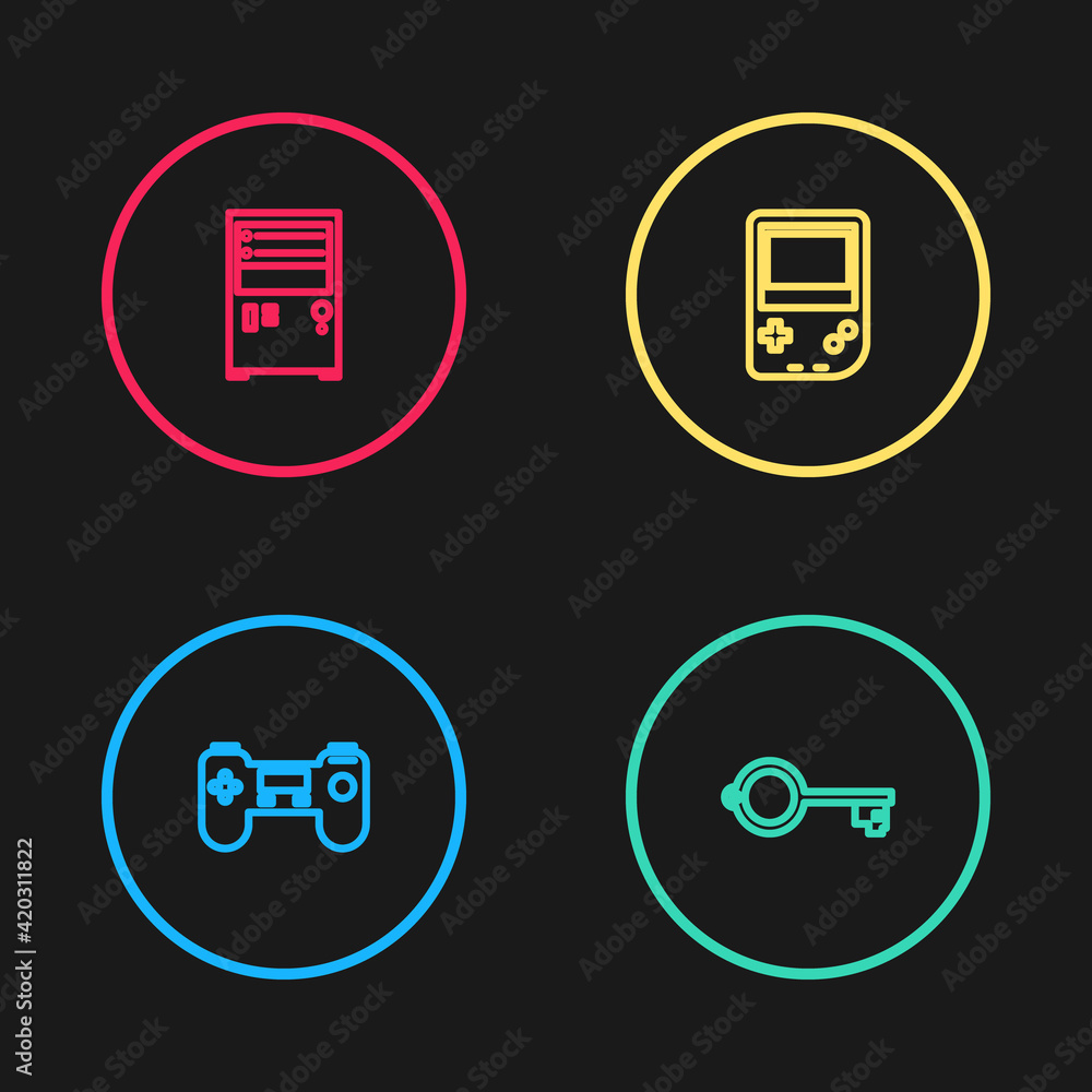 Aufkleber set line gamepad, ancient key for game, portable video console and computer icon. vector