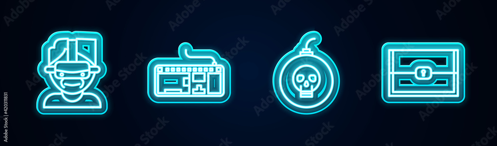 Poster set line virtual reality glasses, computer keyboard, bomb ready to explode and chest for game. glowi