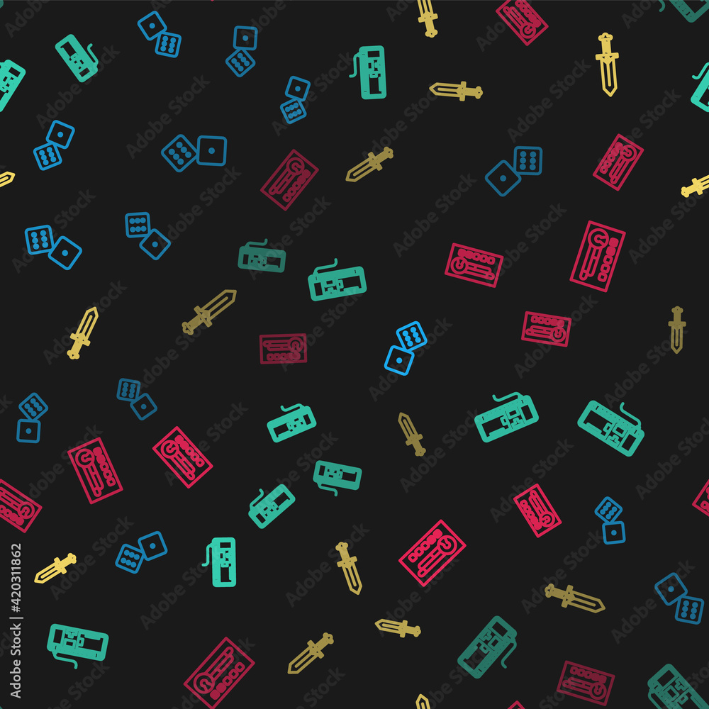 Poster set line game dice, computer keyboard, sword for game and create account screen on seamless pattern.