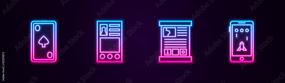 Poster set line playing card with diamonds, create account screen, game guide and mobile and playing game. 