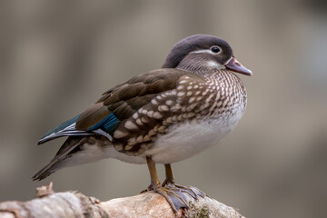 Portrait close-up of a beautiful female mandarin duck, standing on a tree in a little pond called Jacobiweiher not far away from Frankfurt, Germany at a cold day in winter.