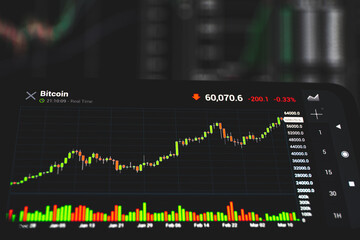 Cryptocurrency exchange chart. Bitcoin price goes up to 60 000 dollars. Blockchain and digital money