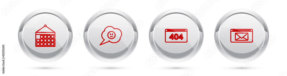 Poster set line calendar, speech bubble with angry smile, page 404 error and mail and e-mail. silver circle