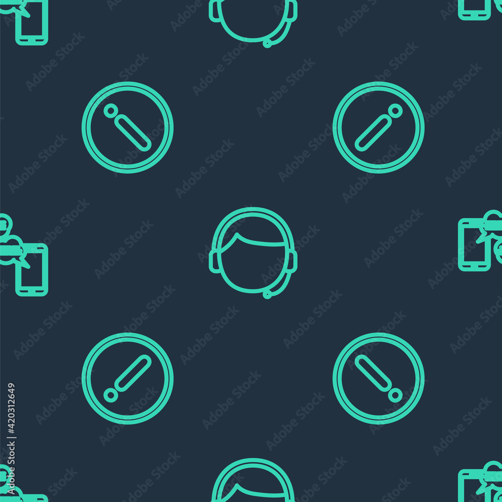 Poster set line man with a headset, information and chat messages mobile on seamless pattern. vector