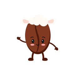 Easter cute coffee bean in sheep costume isolated on white baclground. Roasted coffee grains easter character with sheep's ears and wool on head. Flat cartoon vector drink seed clip art illustration.