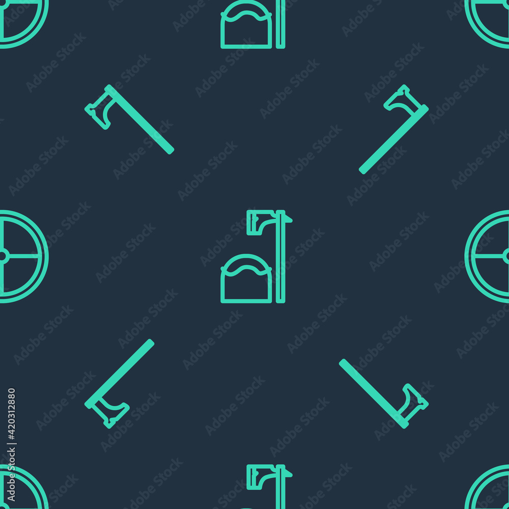 Poster set line executioner axe in tree block, medieval and round wooden shield on seamless pattern. vector