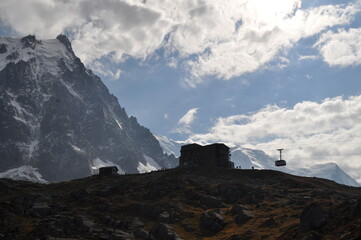 High pointed rocks at the cable car station just below Mont Blanc, Chamonix, France