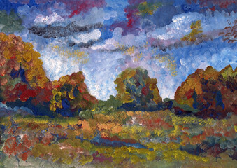 The sky before the storm. Landscape in gouache. Handwork.