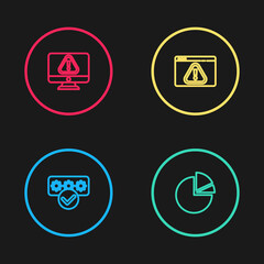 Set line Password protection, Pie chart infographic, Browser with exclamation mark and Monitor icon. Vector