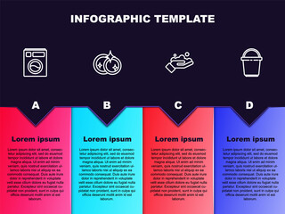Set line Washer, Washing dishes, hands with soap and Bucket. Business infographic template. Vector