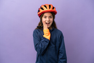 Little caucasian girl isolated on purple background with surprise and shocked facial expression