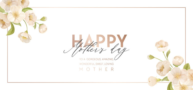 Mother day modern banner. Spring holiday floral vector sale illustration design. Realistic sakura cherry