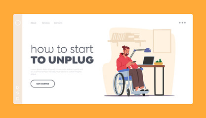 Gadget Communication Landing Page Template. Handicapped Character on Wheelchair at Home Looking on Screen of Smartphone