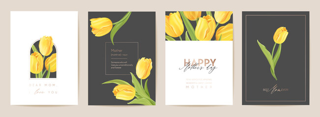 Happy Mother day floral postcard. Spring bouquet vector illustration. Greeting realistic tulip flowers template