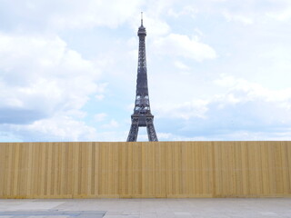 A view on the Eiffel tower from the Trocadero under renovation work. Paris the 14th march 2021.